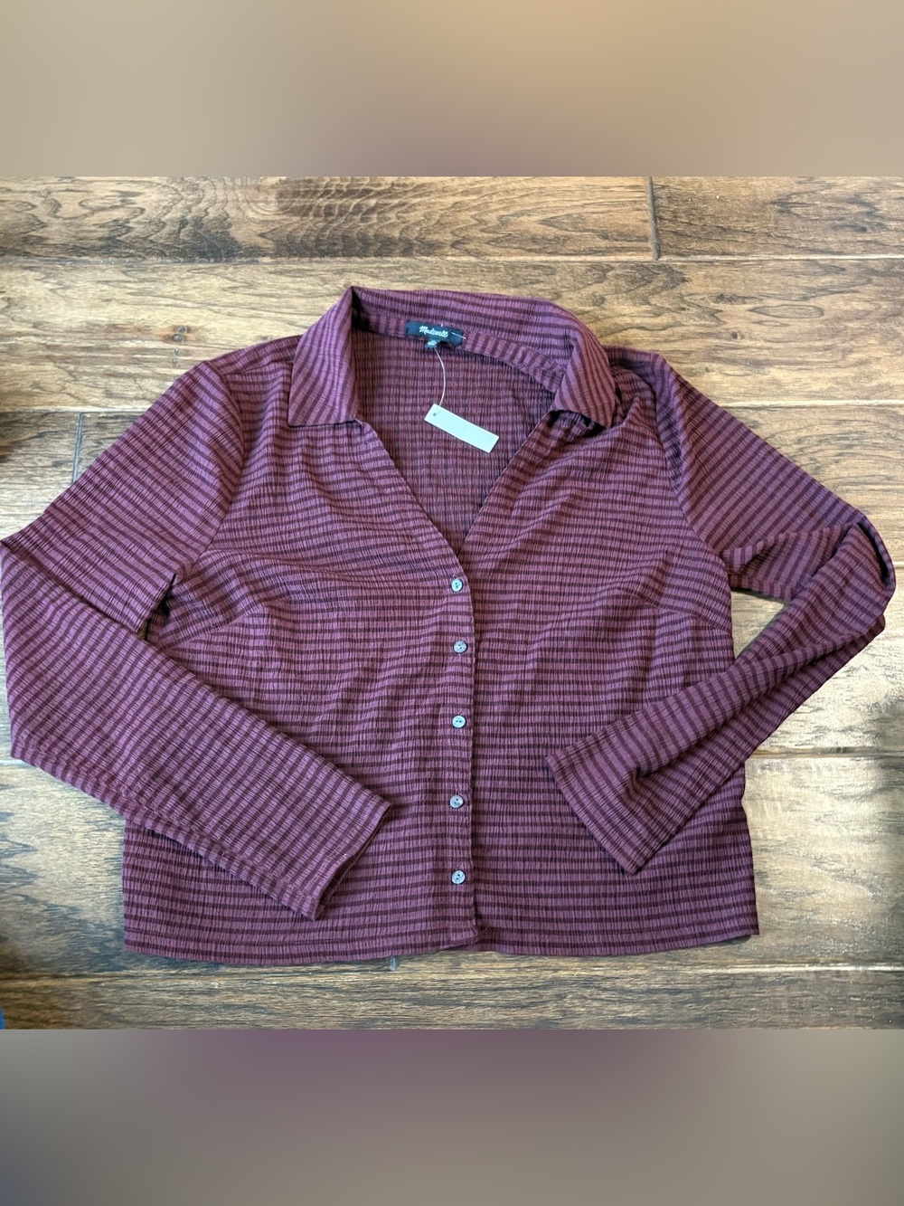 Madewell Striped Button-Up Blouse in Burgundy and Black